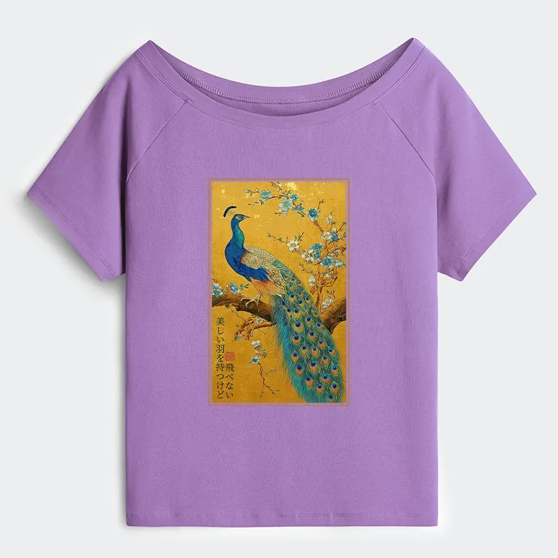 Tokyo-Tiger The Peacock's Silent Elegance Off Shoulder T-Shirt Sale