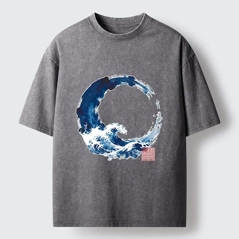 Tokyo-Tiger Zen Circle Blue Wave Art Washed T-Shirt