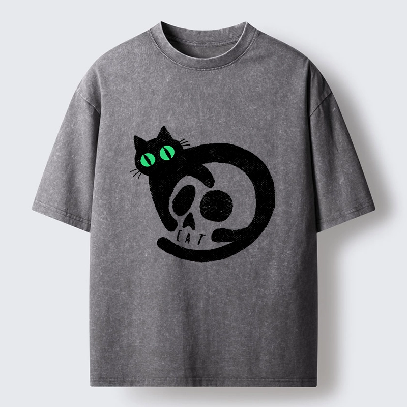 Tokyo-Tiger Spooky Black Cat Skull Meme Washed T-Shirt
