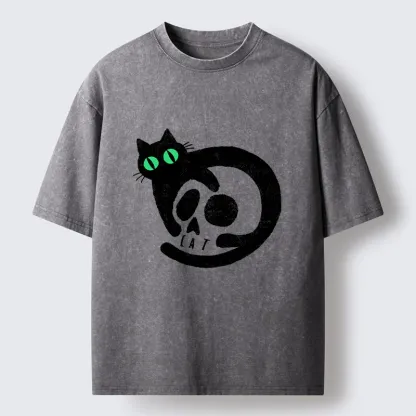 Tokyo-Tiger Spooky Black Cat Skull Meme Washed T-Shirt