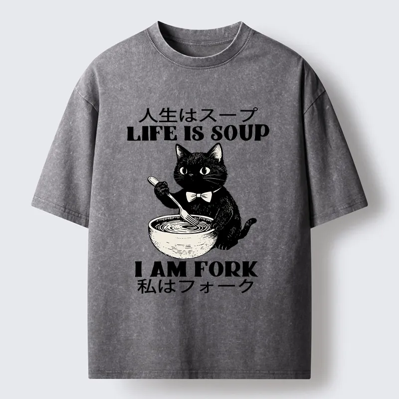 Tokyo-Tiger Life Is Soup Cat Humor Meme Washed T-Shirt