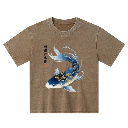 Tokyo-Tiger Elegant Koi Fish Watercolor Art Kids Washed T-Shirt