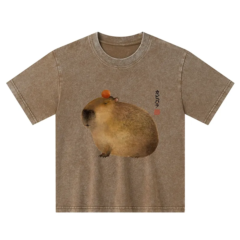Tokyo-Tiger Calm Capybara Illustrations Kids Washed T-Shirt