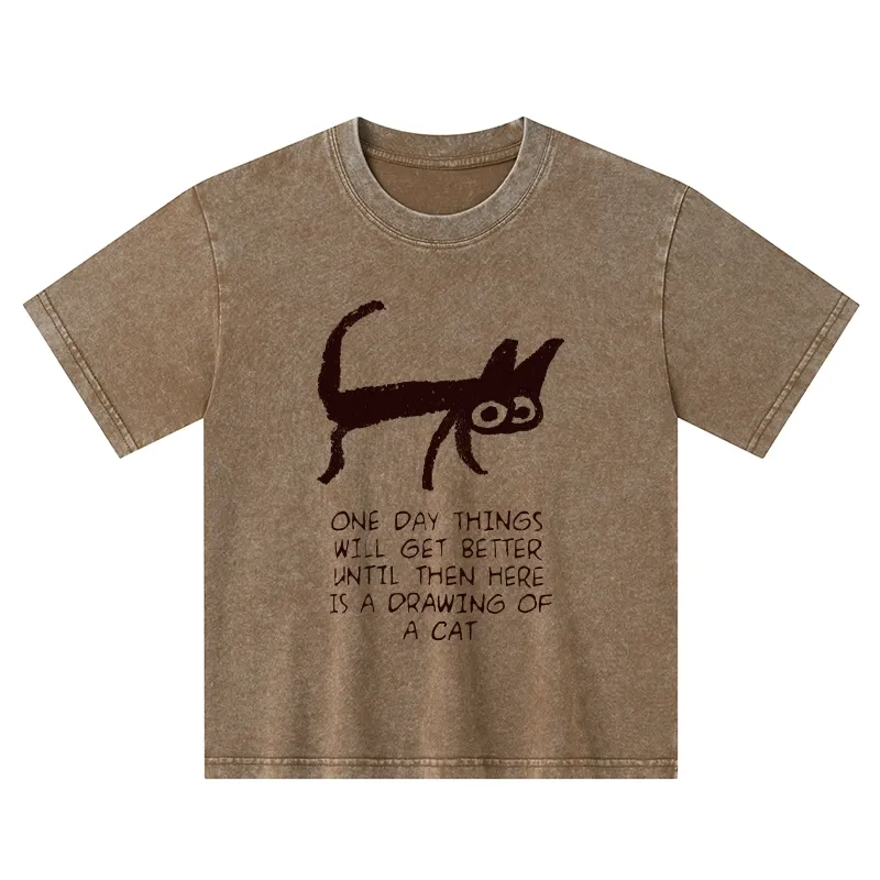 Tokyo-Tiger Cat Cheer Up Drawing Kids Washed T-Shirt
