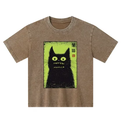 Tokyo-Tiger Spooky Black Cat Japanese Kids Washed T-Shirt