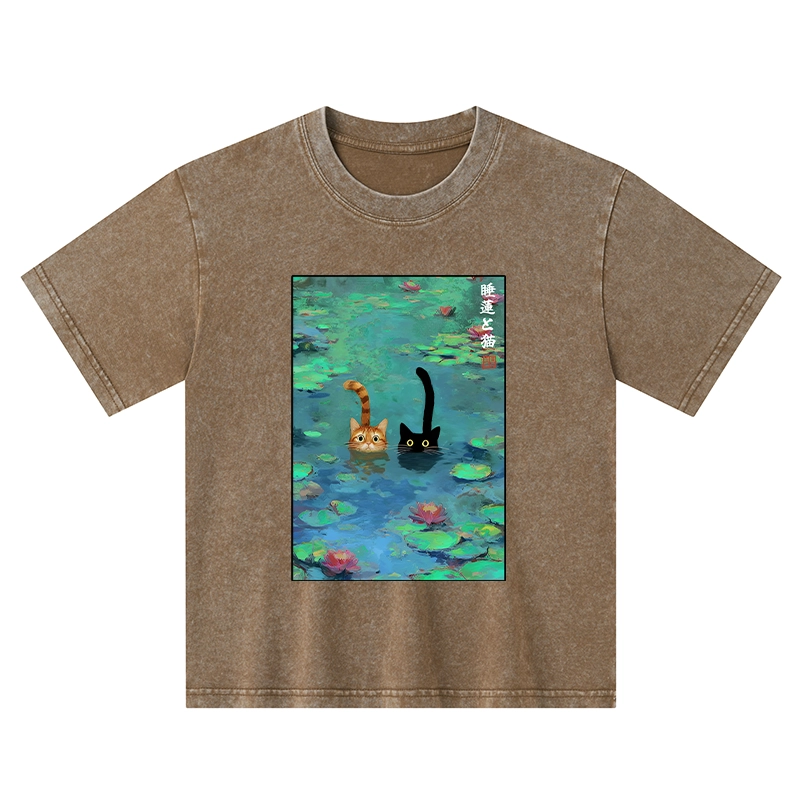 Tokyo-Tiger Funny Cats Swimming In Lilies Kids Washed T-Shirt