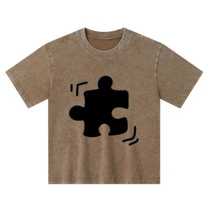 Tokyo-Tiger Black Puzzle Piece Kids Washed T-Shirt