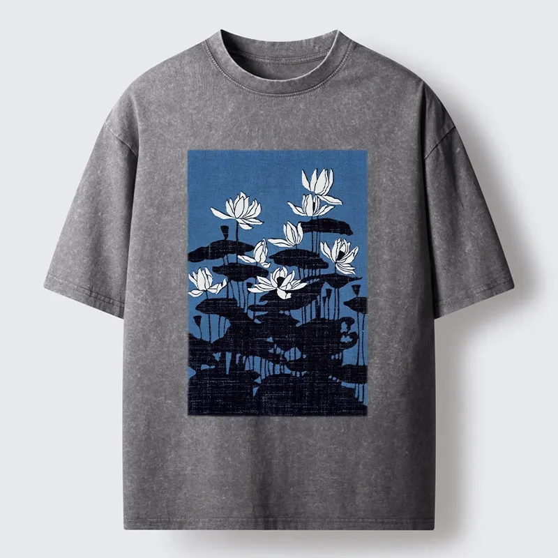 Tokyo-Tiger Blue Lotus Japanese Art Washed T-Shirt Sale