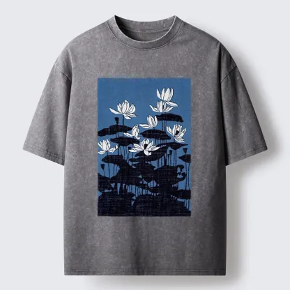 Tokyo-Tiger Blue Lotus Japanese Art Washed T-Shirt