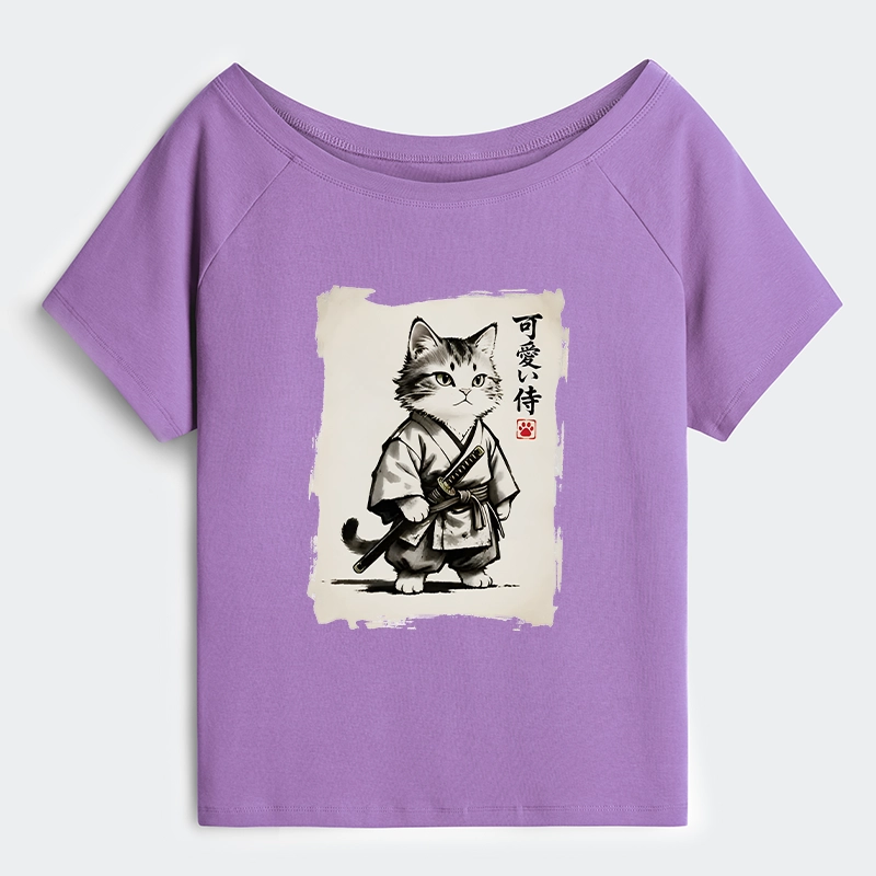 Tokyo-Tiger Japanese Samurai Cat Illustration Off Shoulder T-Shirt