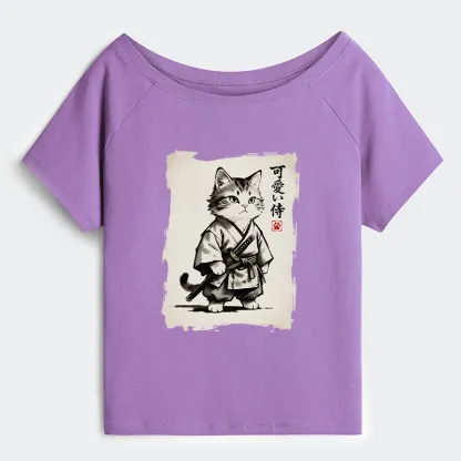 Tokyo-Tiger Japanese Samurai Cat Illustration Off Shoulder T-Shirt