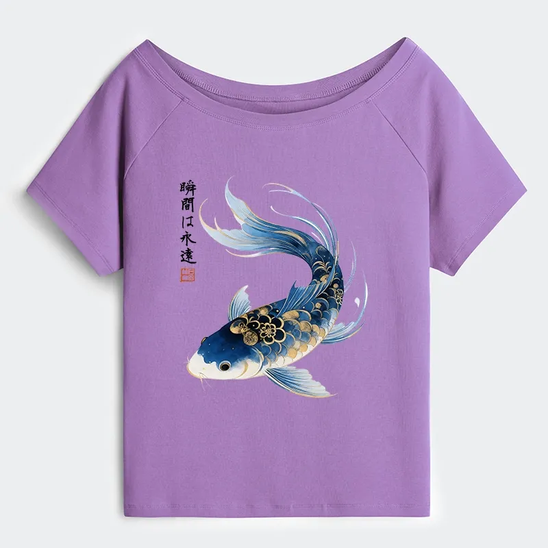 Tokyo-Tiger Elegant Koi Fish Watercolor Art Off Shoulder T-Shirt