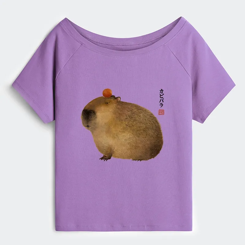 Tokyo-Tiger Calm Capybara Illustration Off Shoulder T-Shirt