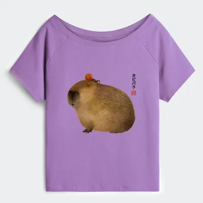 Tokyo-Tiger Calm Capybara Illustration Off Shoulder T-Shirt