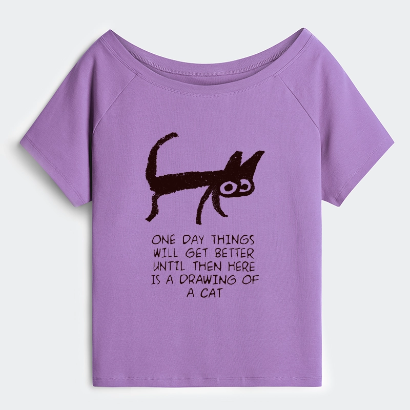 Tokyo-Tiger Cat Cheer Up Drawing Off Shoulder T-Shirt