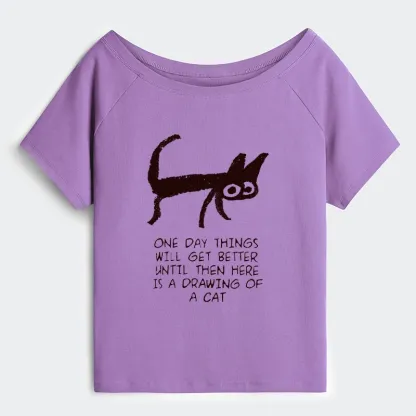 Tokyo-Tiger Cat Cheer Up Drawing Off Shoulder T-Shirt