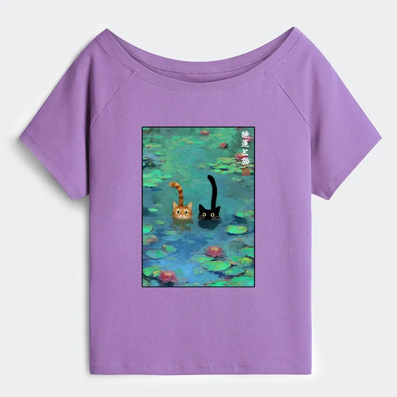Tokyo-Tiger Funny Cats Swimming In Lilies Off Shoulder T-Shirt