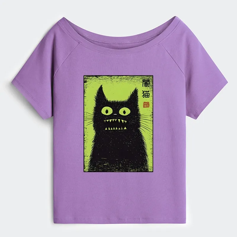Tokyo-Tiger Spooky Black Cat Japanese Off Shoulder T-Shirt