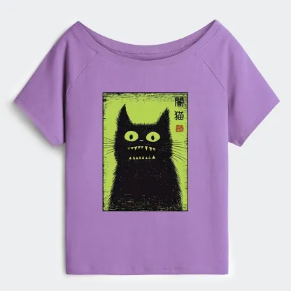 Tokyo-Tiger Spooky Black Cat Japanese Off Shoulder T-Shirt