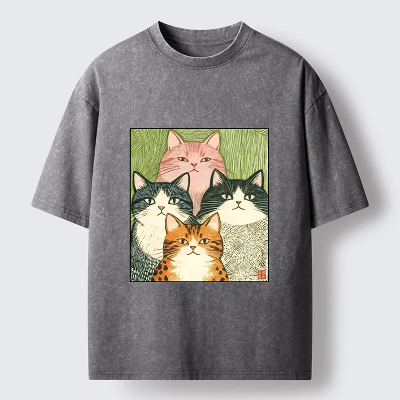 Tokyo-Tiger Funny Cat Squad Washed T-Shirt
