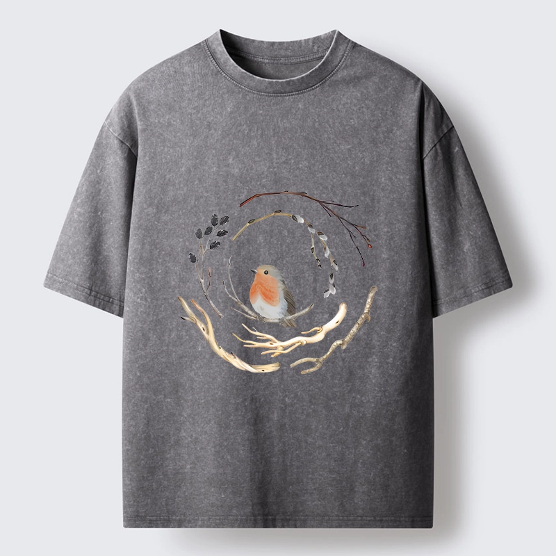 Tokyo-Tiger Cute Robin On Branch Washed T-Shirt