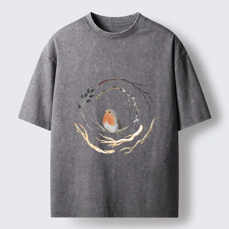 Tokyo-Tiger Cute Robin On Branch Washed T-Shirt