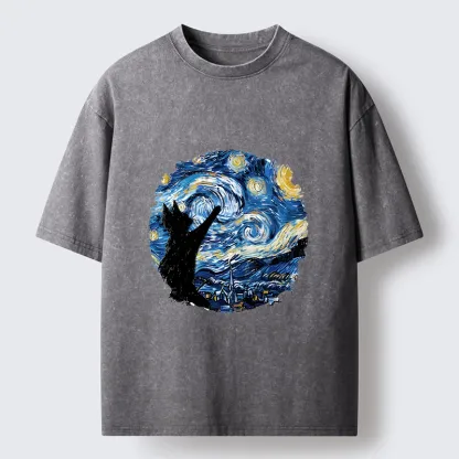 Tokyo-Tiger Starry Night Black Cat Washed T-Shirt