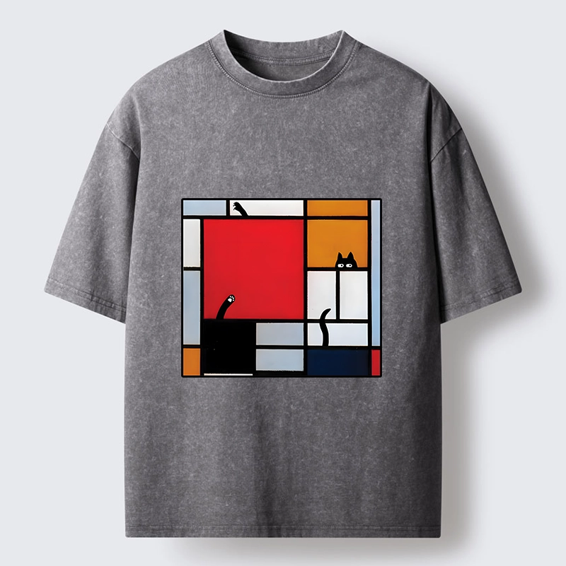 Tokyo-Tiger Geometric Cat Hide And Seek Washed T-Shirt
