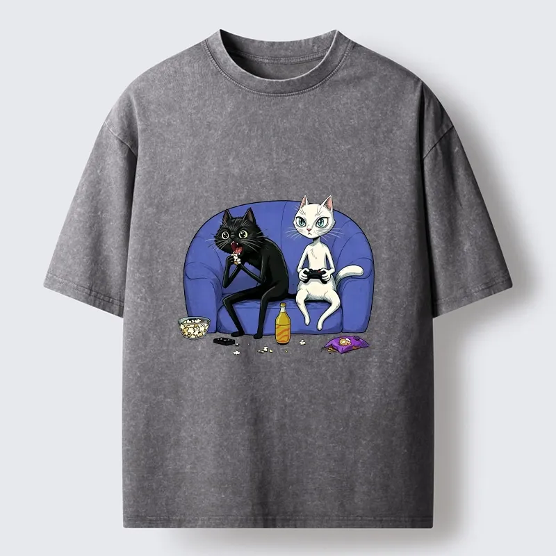 Tokyo-Tiger Two Cats One Couch Endless Fun Washed T-Shirt