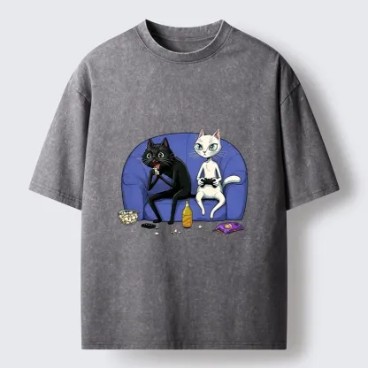 Tokyo-Tiger Two Cats One Couch Endless Fun Washed T-Shirt