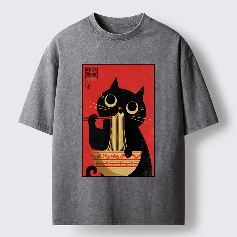 Tokyo-Tiger Cat Eats Ramen Like A Pro Washed T-Shirt