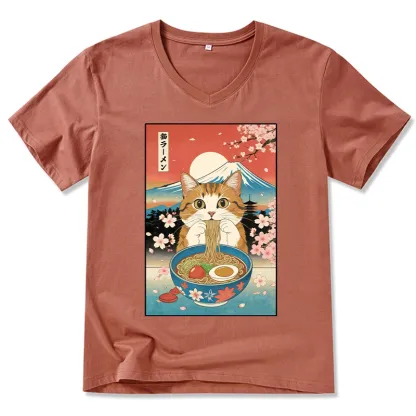 Tokyo-Tiger Funny Orange Cat Eating Ramen Japan V-Neck Classic T-Shirt
