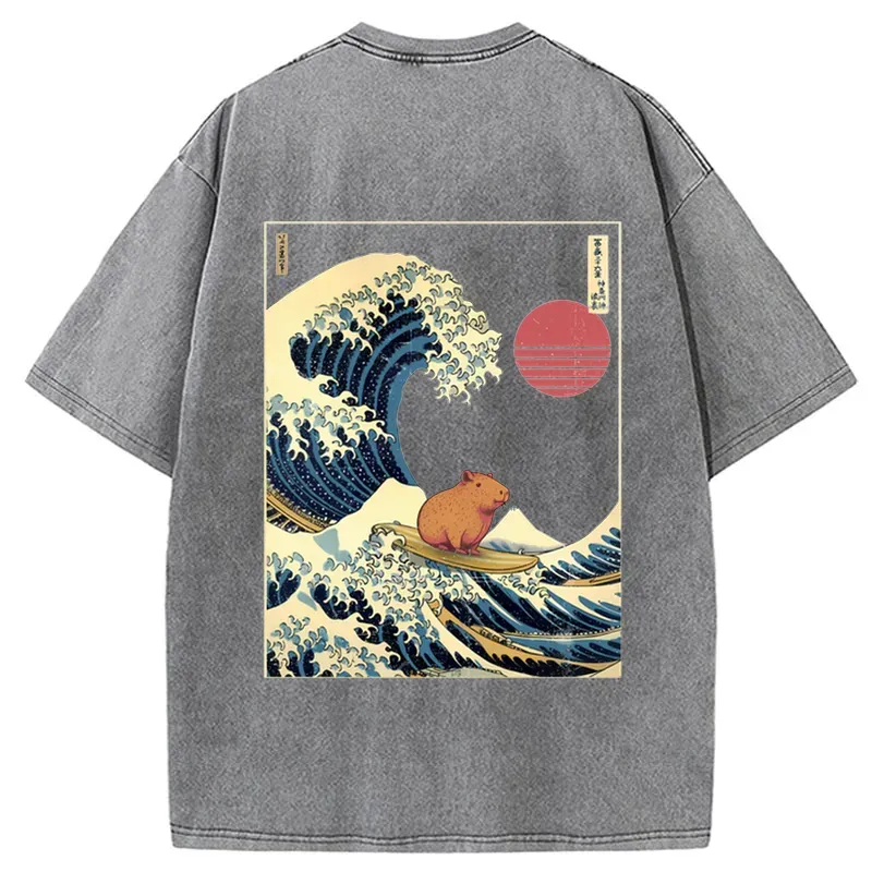Tokyo-Tiger Capybara Surfing Back Washed T-Shirt