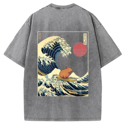 Tokyo-Tiger Capybara Surfing Back Washed T-Shirt