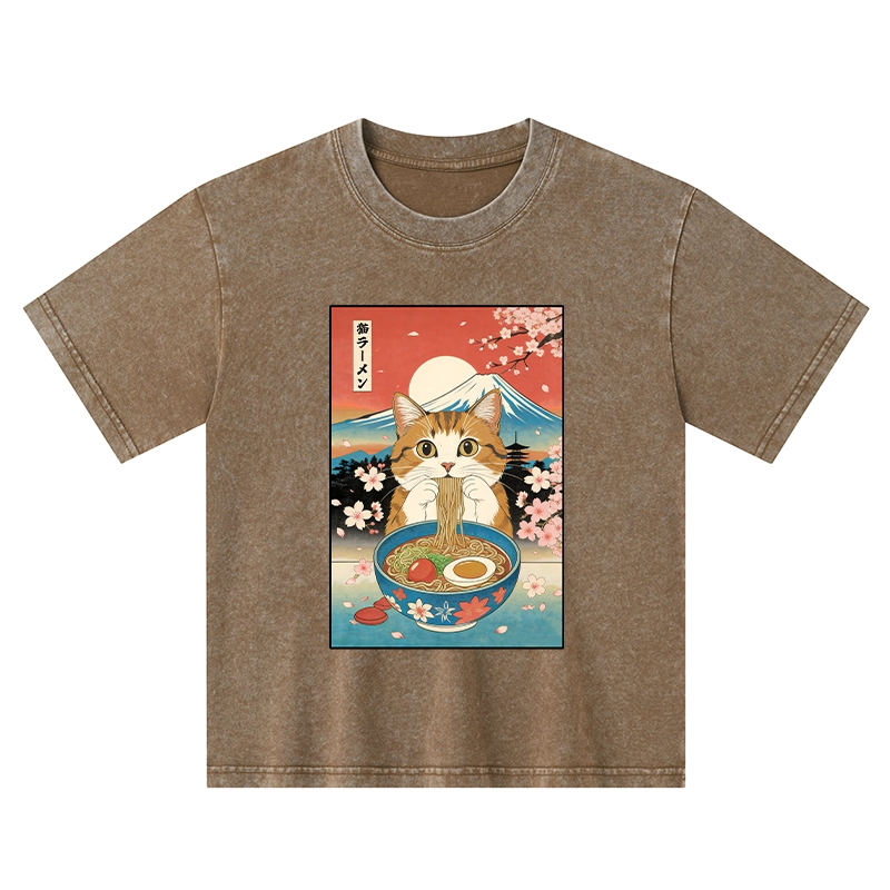 Tokyo-Tiger Funny Orange Cat Eating Ramen Japan Kids Washed T-Shirt