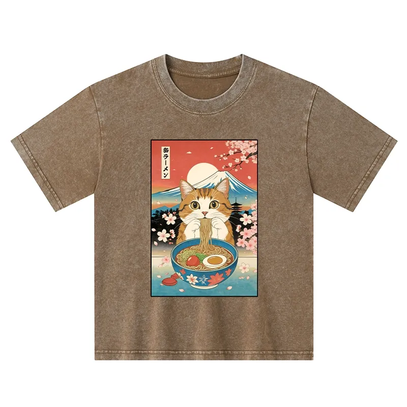 Tokyo-Tiger Funny Orange Cat Eating Ramen Japan Kids Washed T-Shirt