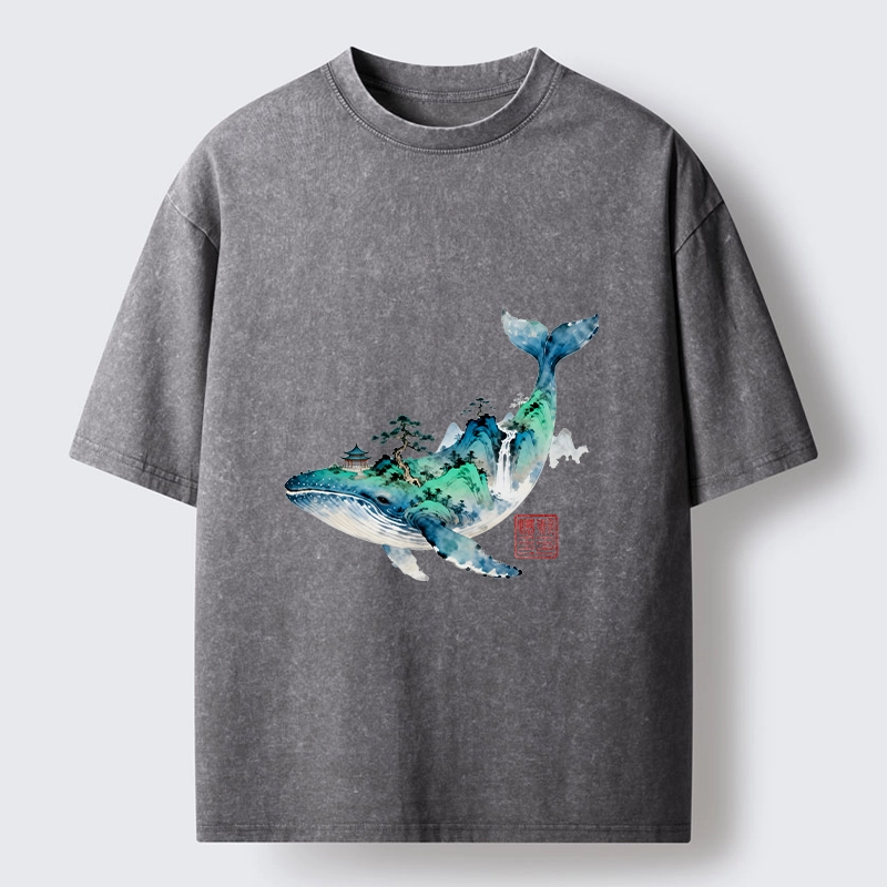 Tokyo-Tiger Whale Ink Painting Landscape Washed T-Shirt
