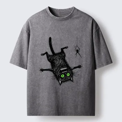 Tokyo-Tiger Scared Cat Vs Spider Prank Washed T-Shirt