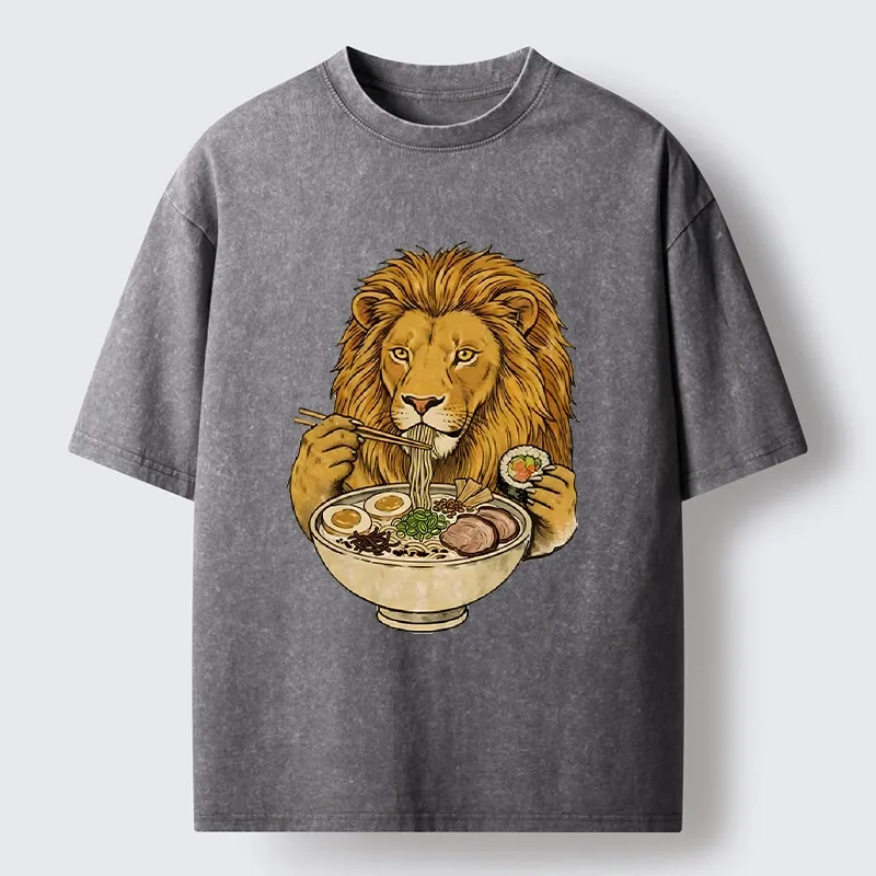 Tokyo-Tiger King Lion Enjoying Ramen Dinner Washed T-Shirt