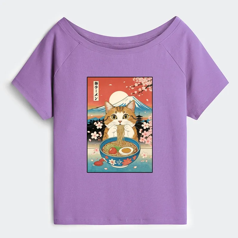 Tokyo-Tiger Funny Orange Cat Eating Ramen Japan Off Shoulder T-Shirt