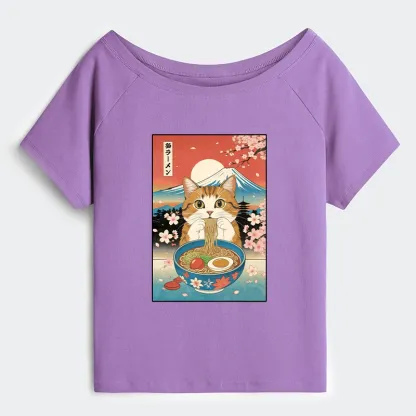 Tokyo-Tiger Funny Orange Cat Eating Ramen Japan Off Shoulder T-Shirt