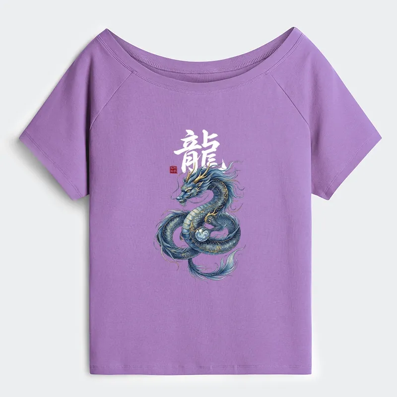 Tokyo-Tiger Mythic Blue Dragon Off Shoulder T-Shirt