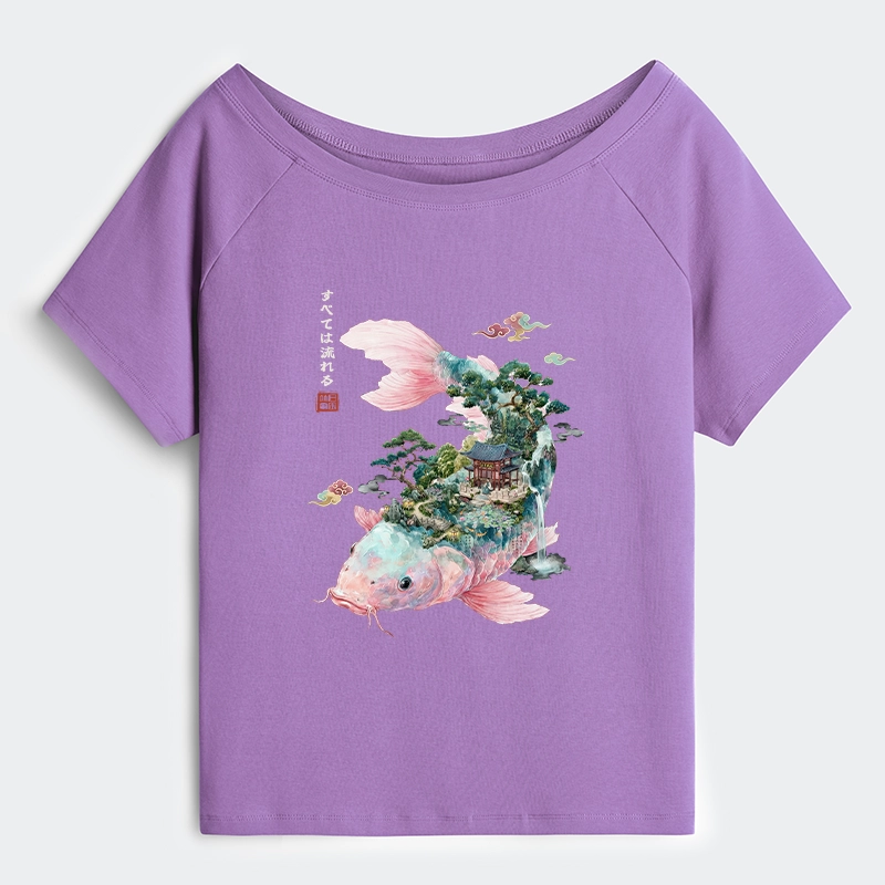 Tokyo-Tiger Journey Of The Flowing Koi Off Shoulder T-Shirt