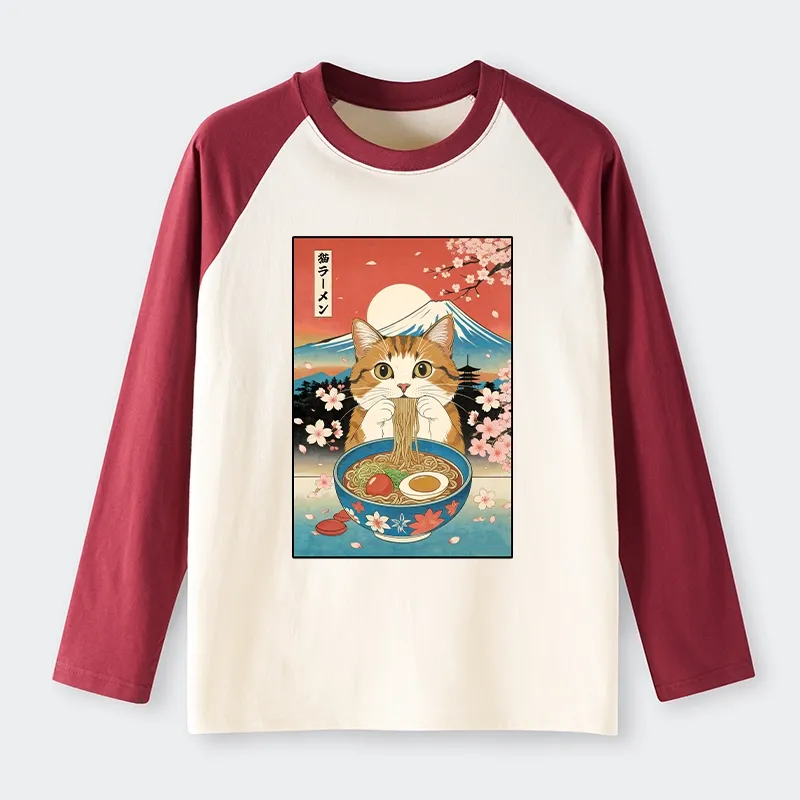 Tokyo-Tiger Funny Orange Cat Eating Ramen Japan Raglan Long Sleeve T-shirt