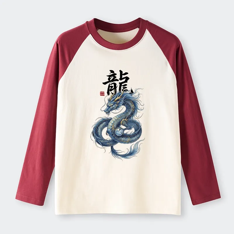 Tokyo-Tiger Mythic Blue Dragon Raglan Long Sleeve T-shirt