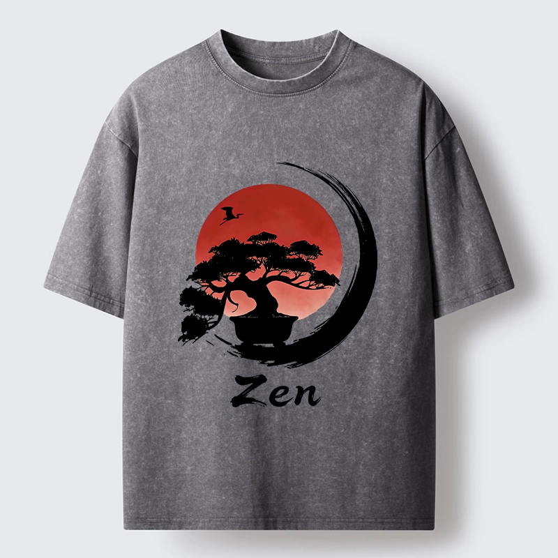 Tokyo-Tiger Zen Bonsai Peaceful Retreat Washed T-Shirt
