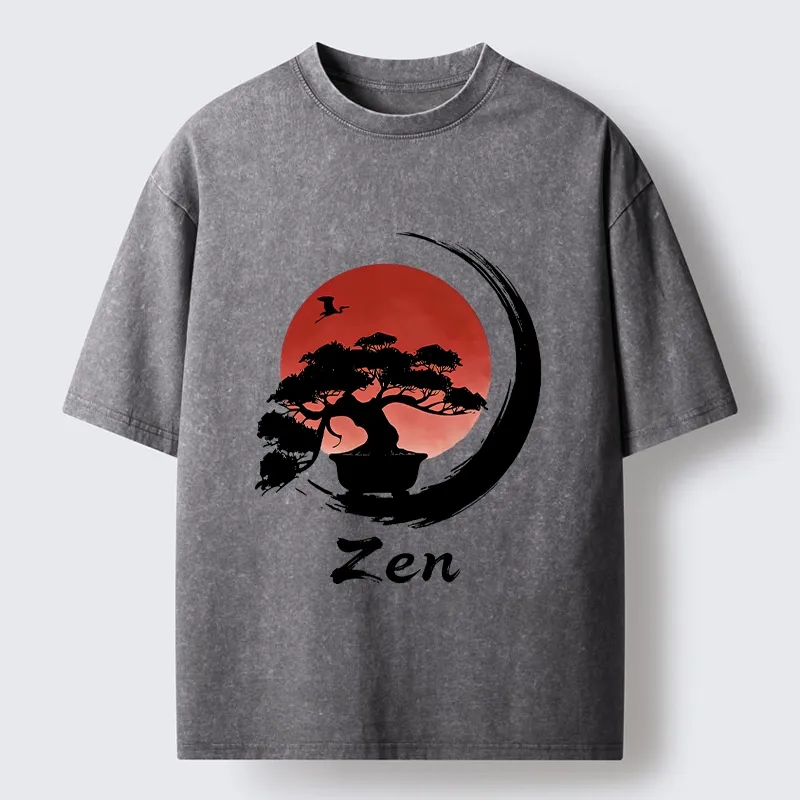 Tokyo-Tiger Zen Bonsai Peaceful Retreat Washed T-Shirt