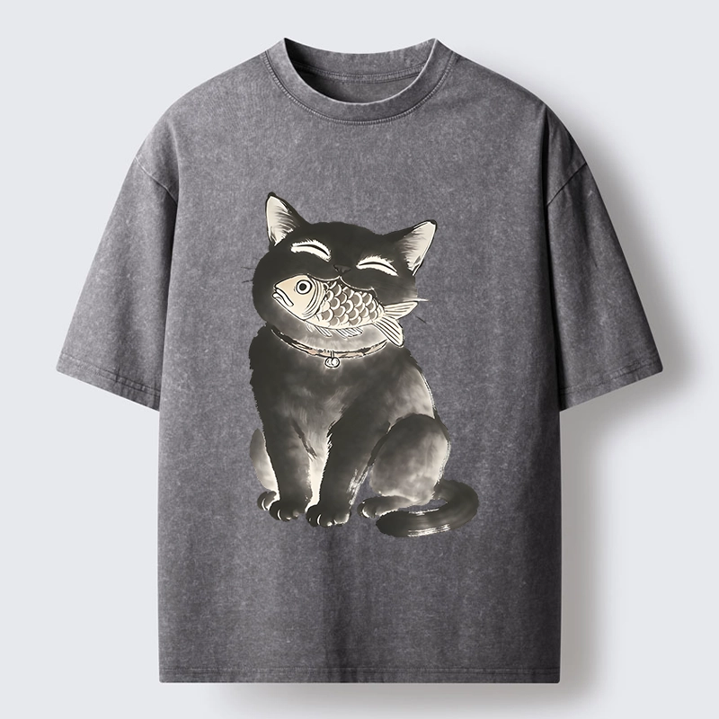 Tokyo-Tiger Black Cat Delightful Feast Washed T-Shirt