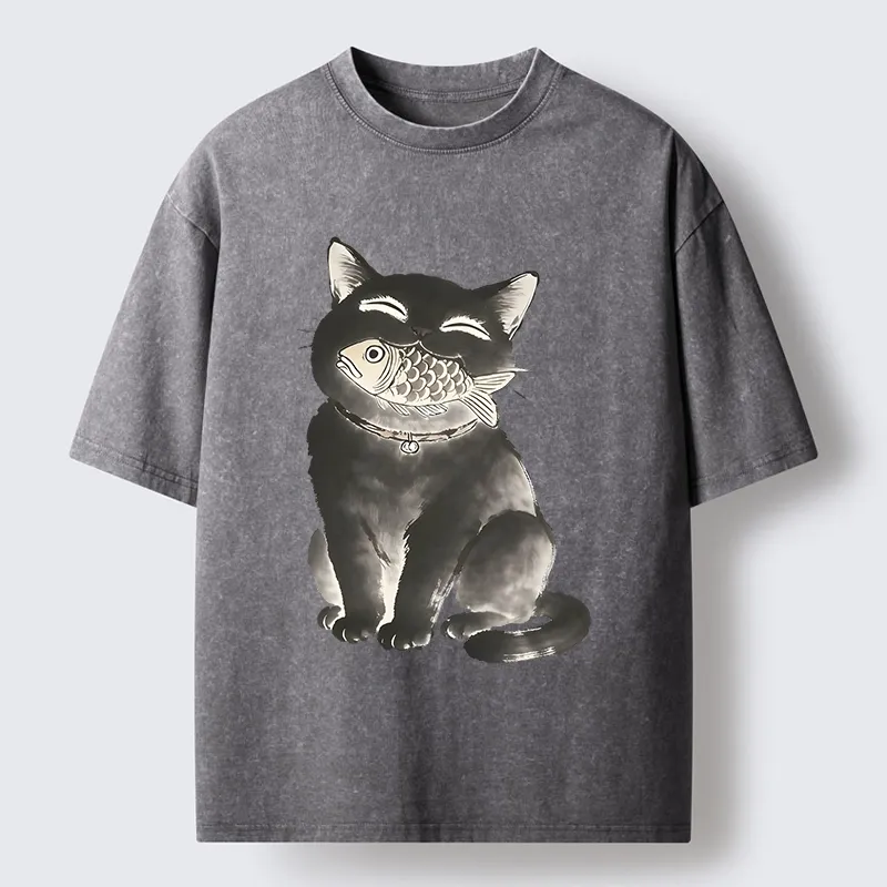 Tokyo-Tiger Black Cat Delightful Feast Washed T-Shirt