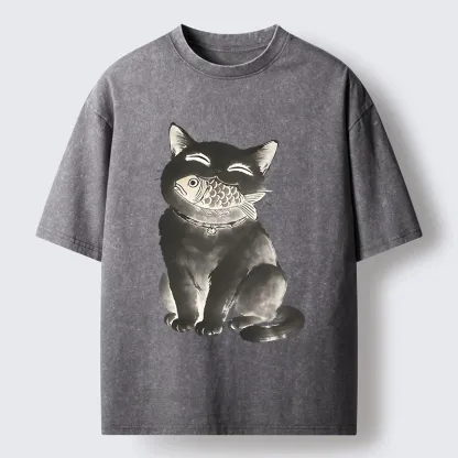 Tokyo-Tiger Black Cat Delightful Feast Washed T-Shirt